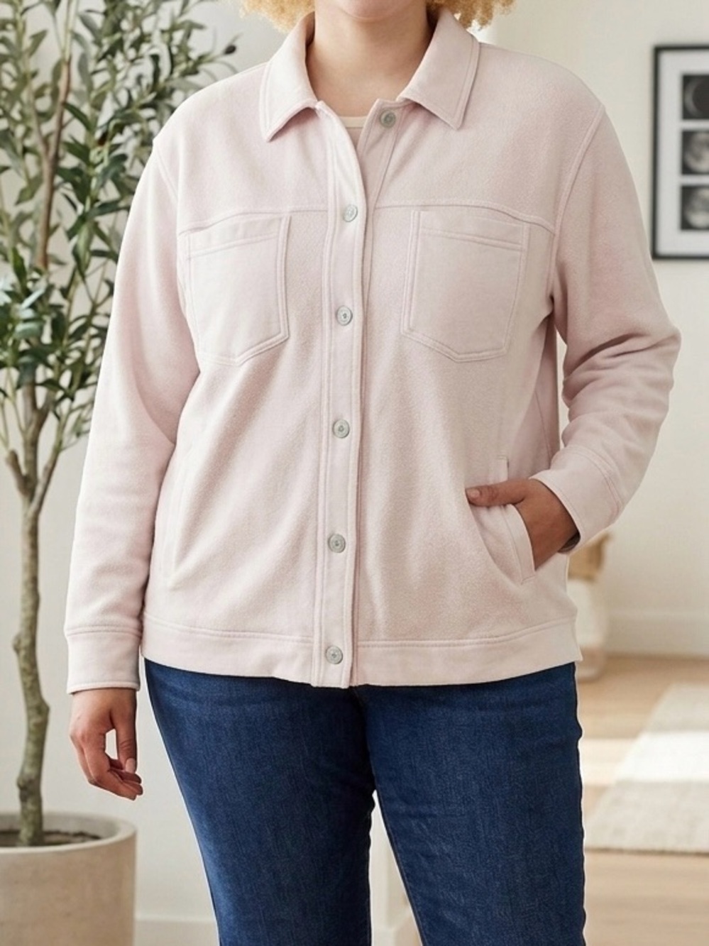 Jane + Delancey Women’s Button-Front Shacket Jacket Pockets Bleached Pink 2XL